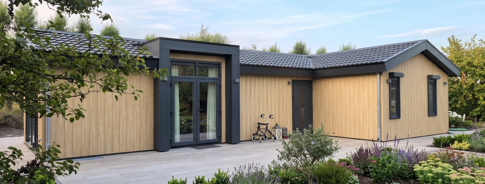 Opgeleverde L-vormige mantelzorgwoning met houtlook-gevel, antraciet kozijnen en terras in een groene tuin